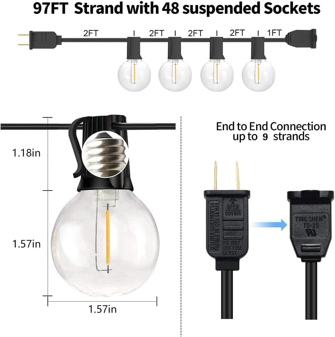 Globe Outdoor String Lights, 97FT Patio String Light with 49 G40 Clear Glass LED Bulbs(1 Spare), Waterproof Hanging Lights String for outside Backyard, Porch, Bistro, Party, Garden Gathering