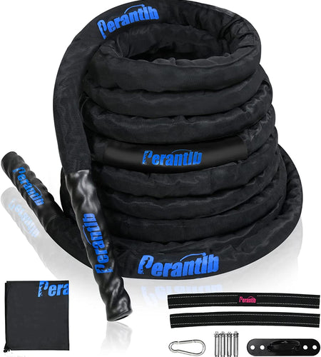 Battle Rope with Wear-Resistant Nylon Protective Sleeve ，Heavy Battle Rope for Strength Training Home Fitness Exercise Rope， Anchor Strap Kit Included